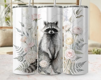 Akwarela z szopem w kształcie kubka, PNG, kwiatowy wzór leśnego zwierzęcia (pobranie cyfrowe)