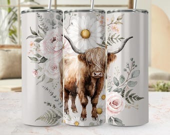 Highland Cow Tumbler Wrap, Watercolor Floral Daisy Rose Design (Digital PNG)