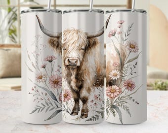 Watercolor Highland Cow Tumbler Wrap, Floral Daisy Hairy Coo Design (Digital File)