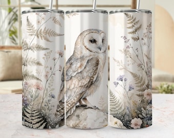 Akwarelowa sowa płomykówka na kubku, kwiatowy wzór Cottagecore (plik cyfrowy)