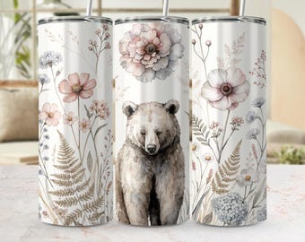Watercolor Floral Bear Tumbler Wrap, Woodland Wildflower Design (Digital Download)
