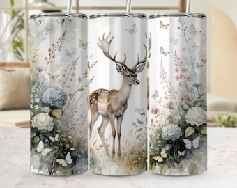 Watercolor Deer Tumbler Wrap, Floral Butterfly Sublimation Design (Digital Download)