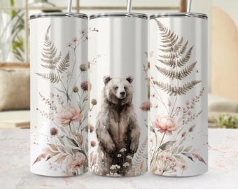 Watercolor Bear Tumbler Wrap | Cottagecore Woodland Floral Sublimation Design (Digital Download)