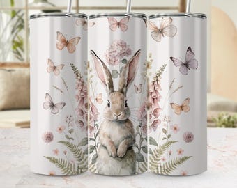 Watercolor Bunny Tumbler Wrap | Spring Floral Butterflies (Digital Download)