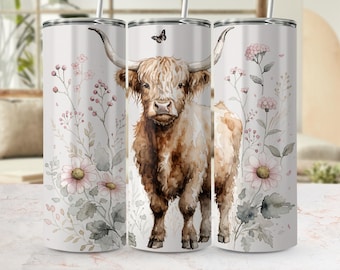 Highland Cow Tumbler Wrap PNG | Watercolor Floral Farmhouse Design (Digital Download)