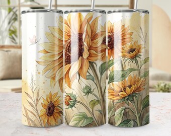Akwarela ze słonecznikiem w formacie PNG, opakowanie na kubek 20 uncji (pobranie cyfrowe)