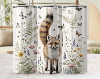 Watercolor Fox Tumbler Wrap PNG: Woodland Animals, Wildflowers, Butterflies (Digital Download)