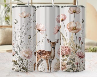 Watercolor Fawn Floral Tumbler Wrap, Cottagecore Deer Sublimation Design (Digital PNG)
