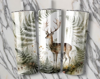 Watercolor Deer Tumbler Wrap PNG | Fern Forest Woodland Sublimation Design (Digital File)