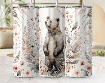 Watercolor Bear Tumbler Wrap PNG, Woodland Floral Art (Digital Design)