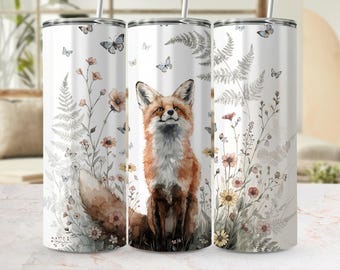 Watercolor Fox Tumbler Wrap PNG | Woodland Cottagecore 20oz Skinny Tumbler Design Digital File