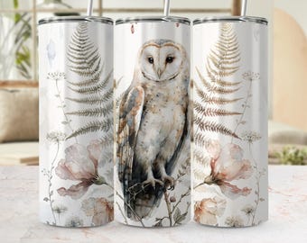 Akwarela z płomykówką na kubku. PNG: Leśne paprocie, kwiaty (pobranie cyfrowe)