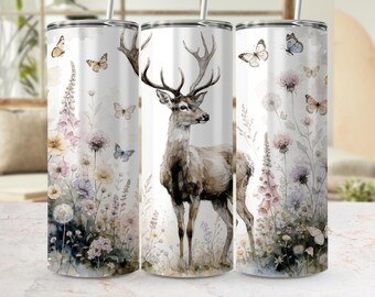 Watercolor Deer Butterfly Tumbler Wrap PNG | Cottagecore Nature Floral Design (Digital File)