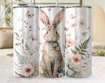 Watercolor Floral Bunny Tumbler Wrap PNG | Spring Easter Sublimation Design (Digital Download)