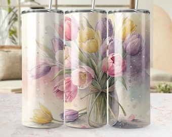 Opakowanie na kubek z motywem tulipanów, bukiet kwiatów w akwarelach (plik PNG do pobrania)