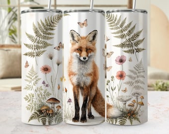 Watercolor Fox Tumbler Wrap – Woodland Cottagecore Mushroom Floral Butterfly Design (Digital Download)