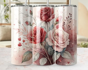 Opakowanie na kubek z akwarelową różą, kwiatowy PNG, kubek 20 uncji (pobranie cyfrowe)