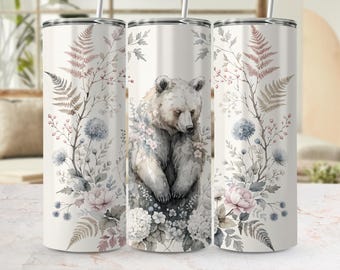 Watercolor Bear Floral Tumbler Wrap PNG, Woodland Sublimation Design (Digital Download)