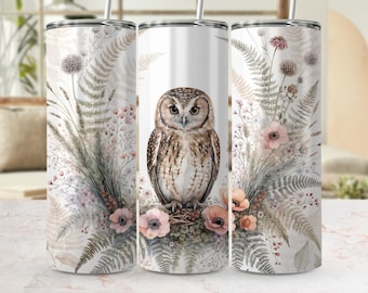 Akwarelowa sowa na kubku w kształcie PNG | Botaniczny leśny wzór zwierzęcy (pobranie cyfrowe)