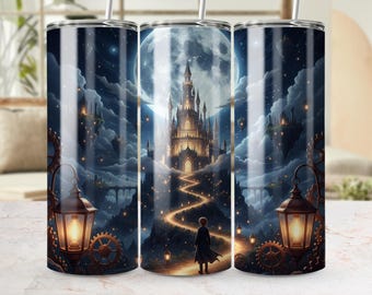 Steampunk Castle Moon Tumbler Wrap, Fantasy PNG (20oz Tumbler Design) Digital Download