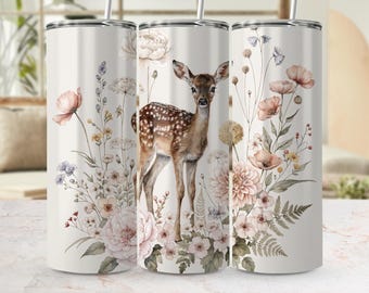 Watercolor Fawn Floral Tumbler Wrap, Cottagecore Baby Deer Sublimation Design (Digital Download)