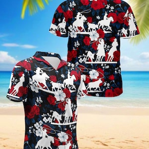 Cowboy Hawaiian Shirt for Men, Western Rodeo Aloha Shirt, Red Rose Floral Button Up, Country Western Summer Shirt, Ranch Party Outfit