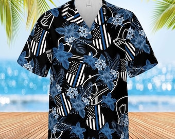 Dunne blauwe lijn Hawaiiaans politieshirt tropische bloemen Amerikaanse vlag wetshandhavingscadeau zomer button-up