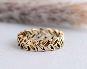 Handmade Brass Leaf Ring – Adjustable Open Band, Boho Jewelry