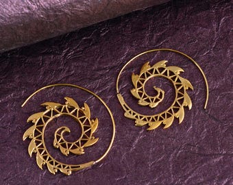 Boho Spiral Brass Earrings, Intricate Swirl Design Hoops, Handmade Geometric Brass Jewelry, Statement Bohemian Gift for Her"
