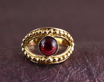 Handmade Garnet Brass Ring, Gold Bezel, Vintage Inspired