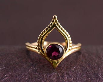 Boho Garnet Ring, Gold-Plated Brass, Statement Jewelry