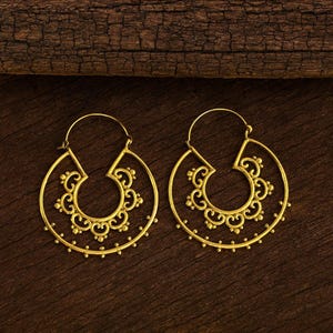 Boho Brass Hoop Earrings, Intricate Tribal Style Earrings, Handmade Brass Jewelry, Vintage-Inspired Ethnic Hoops, Bohemian Gift for Her&quot;