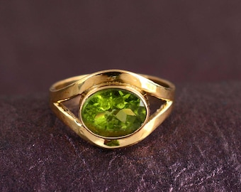 Handmade Brass Peridot Ring – Oval Green Gemstone, Boho Style