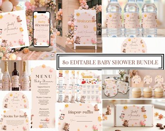 Inbjudningspaket för babyshower med sol, gul gummianka, könsneutral inbjudningsset, redigerbar mall för bohemisk babyshower med sol, digital nedladdning