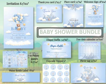 Redigerbar babyshower-paket med nallebjörn | Äventyrstemafest (digital nedladdning)