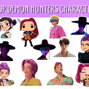 Puede incluir: Una colección de pegatinas de personajes de dibujos animados coloridos con el texto "KPOP DEMON HUNTERS CHARACTERS" en la parte superior. Las pegatinas presentan varios retratos estilizados de personas con peinados y atuendos únicos, en varias poses.