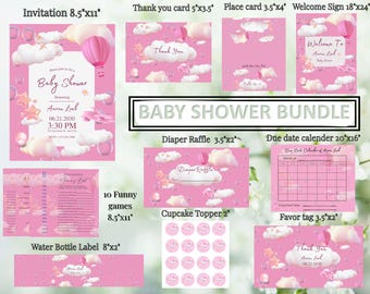 Pacchetto modificabile con biglietti per la lotteria di pannolini a tema aeroplanino rosa con paracadute e inviti per baby shower - Download immediato