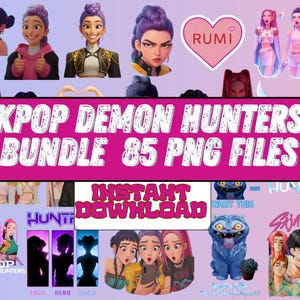 May include: A digital art bundle featuring KPOP Demon Hunters. The image includes various character illustrations, a heart-shaped sticker with the name "RUMI", and the text "KPOP DEMON HUNTERS BUNDLE 85 PNG FILES" and "INSTANT DOWNLOAD".