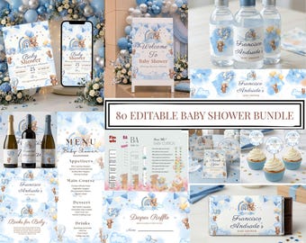 Kit per baby shower a tema orsetto blu, modelli modificabili e set di giochi (download immediato)
