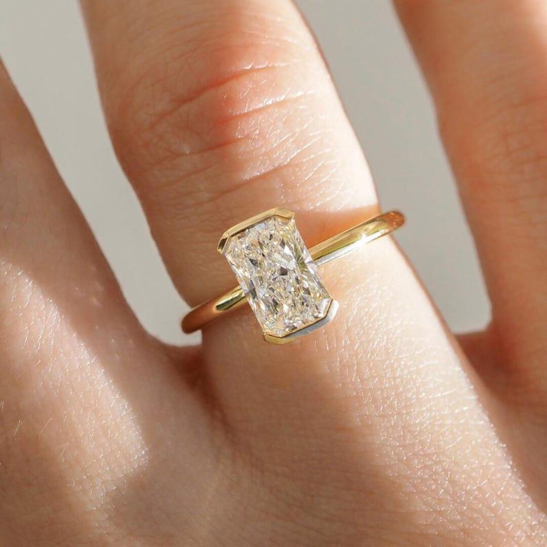 Solitaire 3.0 CT Radiant Cut Half Bezel Lab Grown Diamond 14K Gold ...