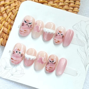Emotional Cat Press On Nail, Cute Funny Baby Kitten with Paw Print, Angry and Innocent Chubby Cat, Short and Medium Oval Press-On Nail