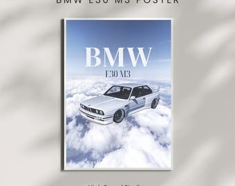 Plakat BMW E30 M3 – Klasyczna sztuka ścienna z samochodem, plakat z motywem BMW w stylu vintage, dekoracja z niemieckimi samochodami sportowymi, minimalistyczny wydruk motoryzacyjny do garażu i biura
