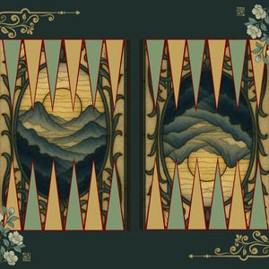 May include: A two-panel artwork featuring a mountain landscape with a setting sun, framed by decorative elements. The artwork has a dark teal background with floral and geometric accents in gold, red, and green. A bird and flowers are in the lower left corner.