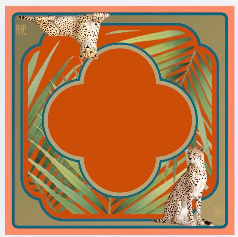 May include: Square scarf with a cheetah design. The scarf features a central orange quatrefoil shape, surrounded by green palm fronds and two cheetahs. The border is a combination of teal, gold, and coral.