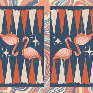 May include: Two panels with a retro design featuring pink flamingos, geometric shapes, and starbursts. The background is a dark blue with orange and cream-colored triangles. The overall style is reminiscent of vintage art.