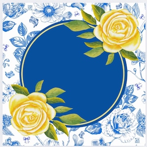 K&ouml;nnte beinhalten: Quadratisches Design mit einem leuchtend blauen Kreis mit goldenem Rand, verziert mit zwei gelben Rosen und gr&uuml;nen Bl&auml;ttern. Der Hintergrund zeigt ein wei&szlig;es Blumenmuster mit blauen botanischen Illustrationen, das eine harmonische Mischung aus Farben und Texturen erzeugt.