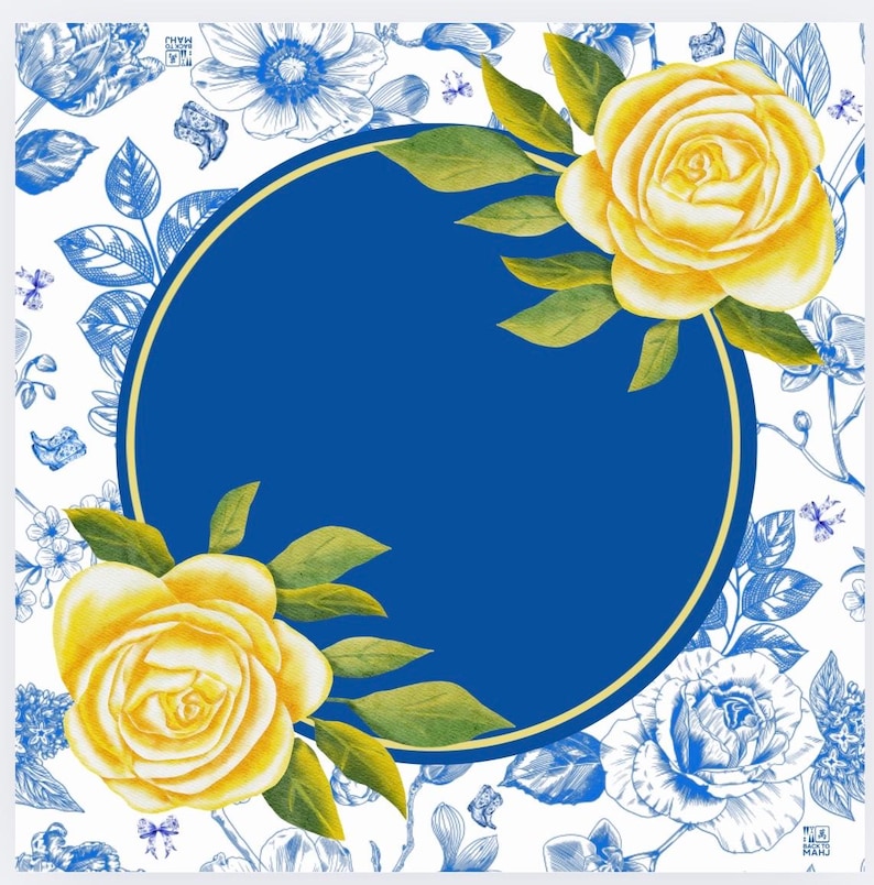 K&ouml;nnte beinhalten: Quadratisches Design mit einem leuchtend blauen Kreis mit goldenem Rand, verziert mit zwei gelben Rosen und gr&uuml;nen Bl&auml;ttern. Der Hintergrund zeigt ein wei&szlig;es Blumenmuster mit blauen botanischen Illustrationen, das eine harmonische Mischung aus Farben und Texturen erzeugt.
