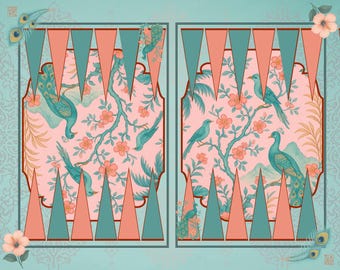 Chinoiserie Birds Backgammon Set (Mat, Stones and Dice) – Coral & Teal Edition
