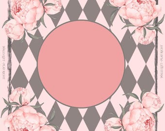 May include: A square decorative print featuring a central pink circle surrounded by a pink and gray diamond pattern. Pink peony floral arrangements are in each corner. The text "WALLS LEFT - PLAY RIGHT" is printed around the border.
