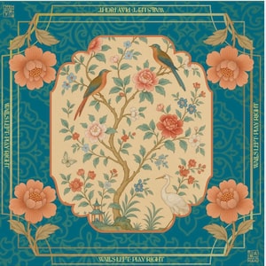 May include: A square textile featuring a central cream-colored panel with a tree, birds, and flowers, framed by a teal border with orange floral motifs. The text "WALLS LEFT: PLAY RIGHT" is printed along the edges of the teal border.